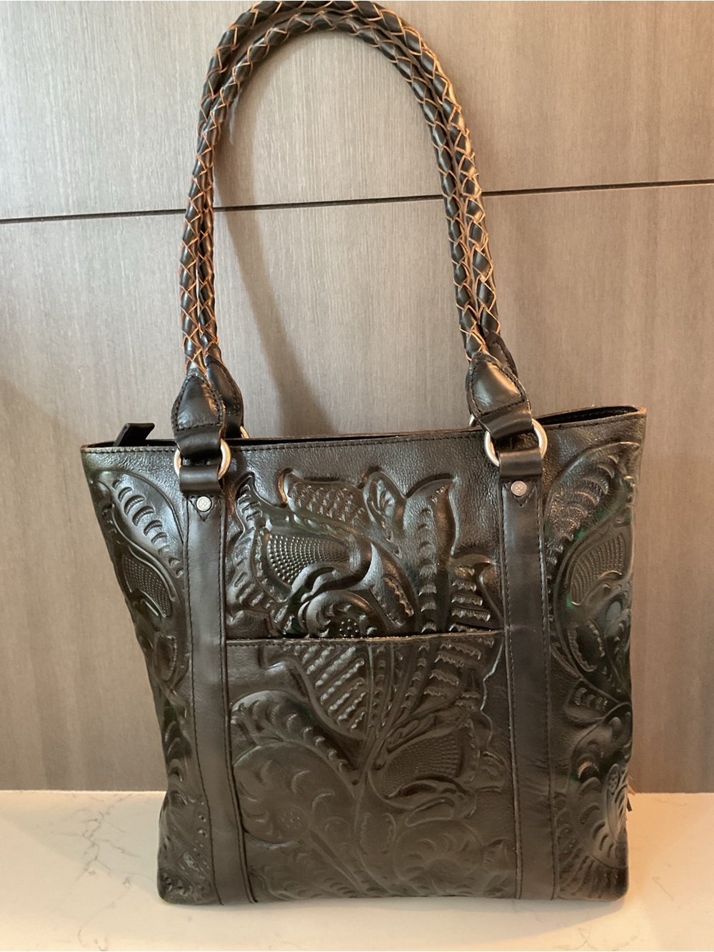 Patricia Nash Black Tooled Leather Tote with Tassels - Picture 2 of 7
